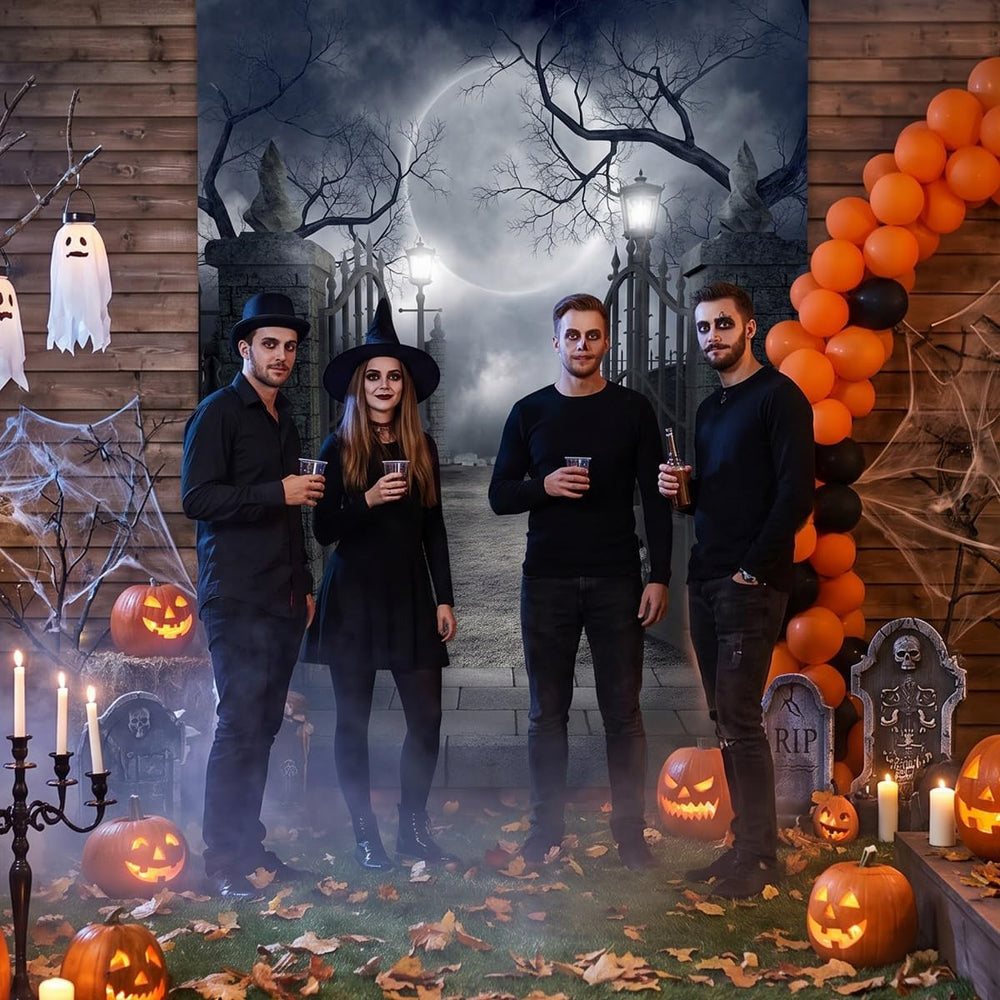 INRUI Halloween Cemetery Full Moon Haunted Photography Backdrop (8x10FT)