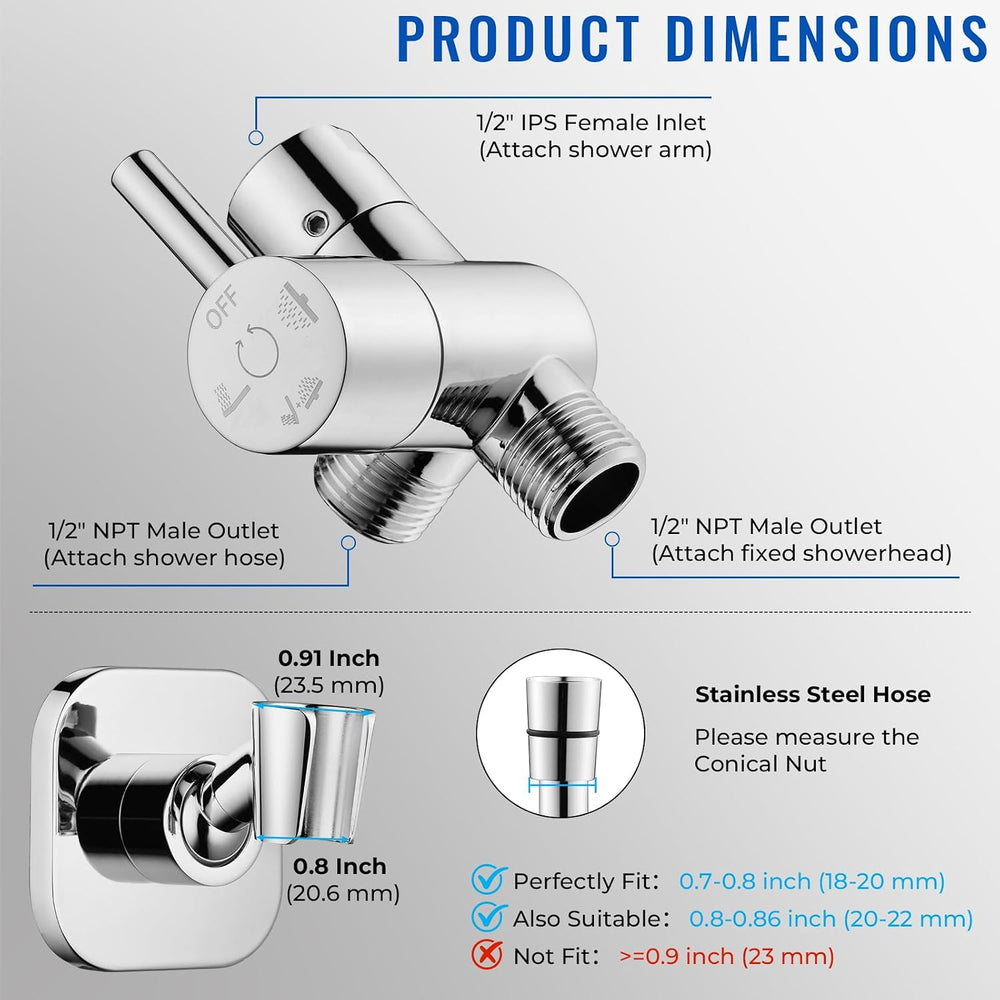 G-Promise All Metal High Flow Shower Diverter with Adhesive Holder(Chrome)