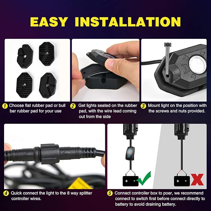 Nilight RGB LED Rock Lights Kit 8 pods Underglow Neon Multicolor