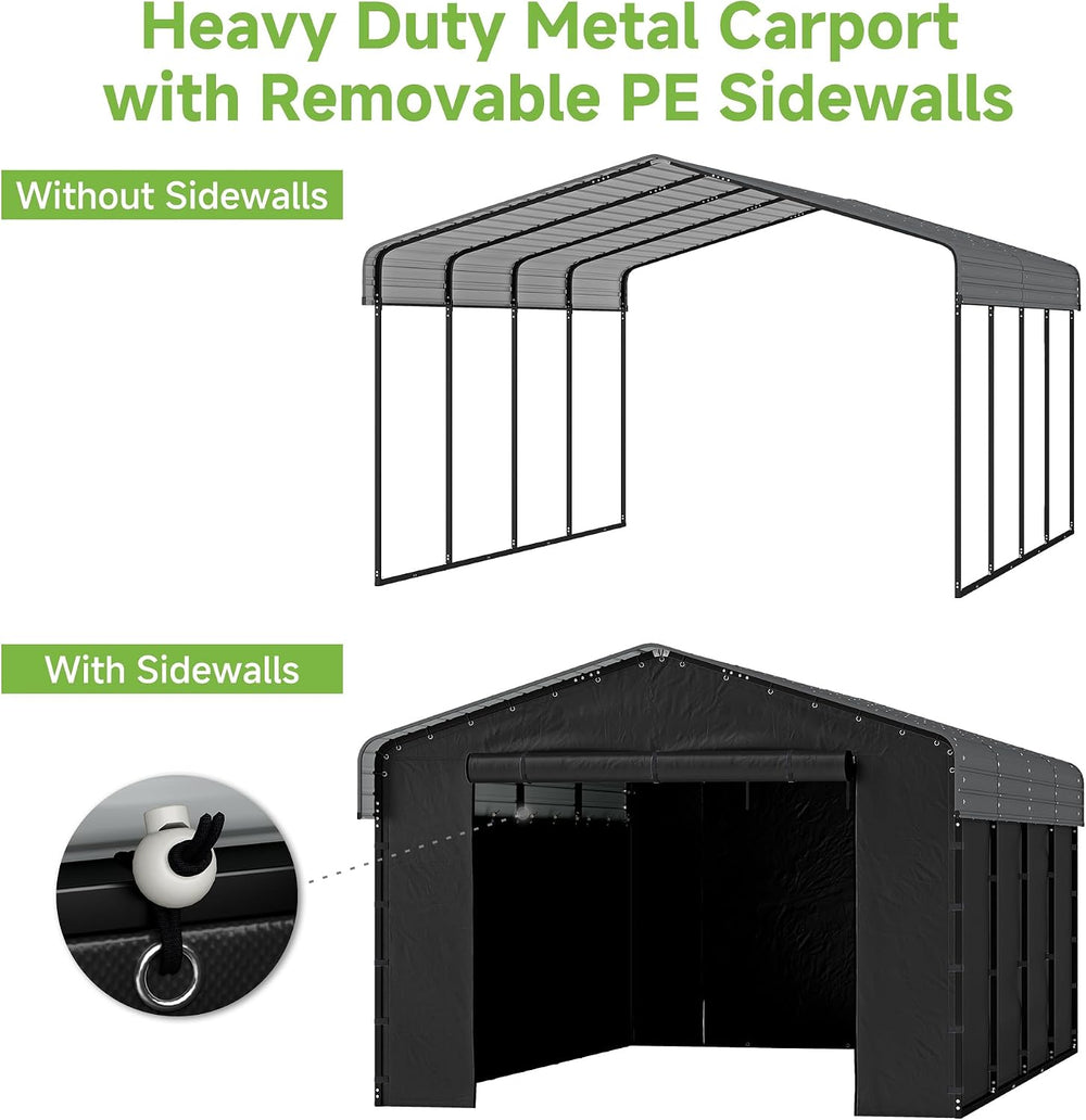 12x20FT Heavy Duty Metal Carport with Removable Sidewalls & Doors, Gray