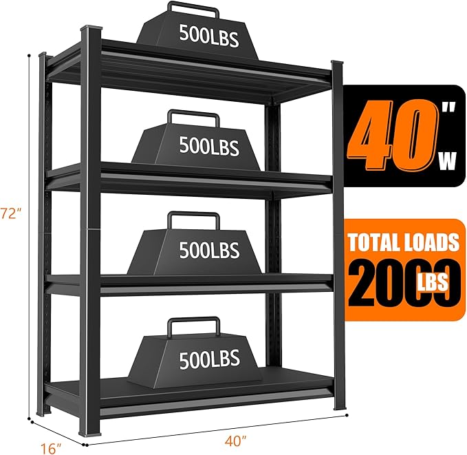 40in Wide Garage Shelving Heavy Duty，2000lbs Large Loads Adjustable Garage
