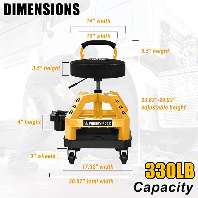 Rolling Shop Stool with Wheels, Heavy Duty Garage Work Mechanic Stool with