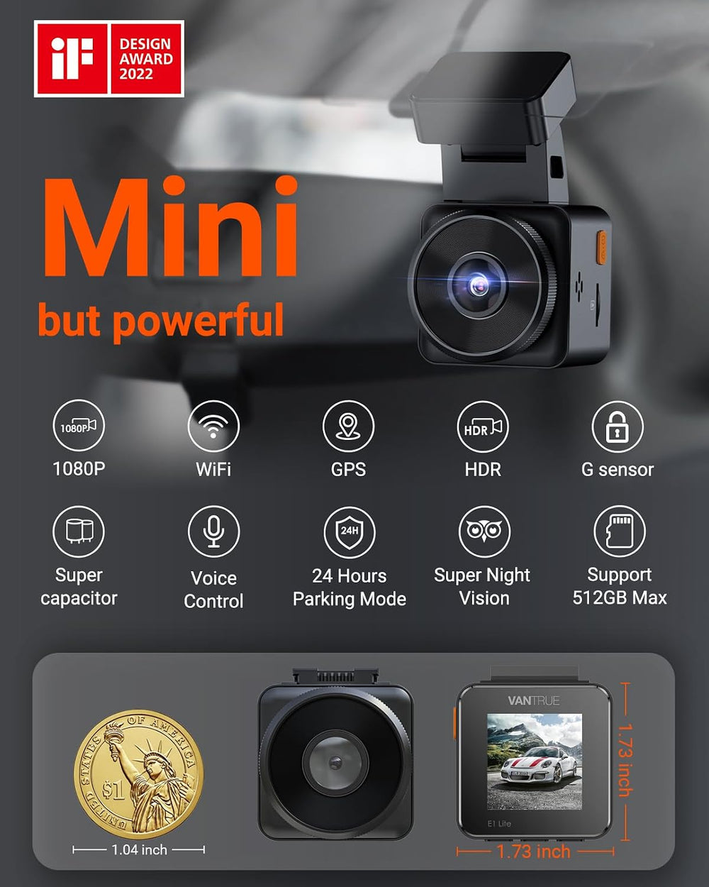 Vantrue E1 Lite 1080P Mini Dash Cam, 60fps HDR Night Vision Car Camera