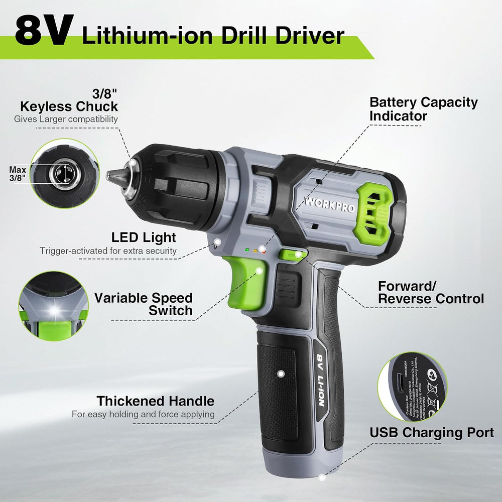 WORKPRO Power Drill Bit Set with Tool Box, 8V Cordless Drill Driver