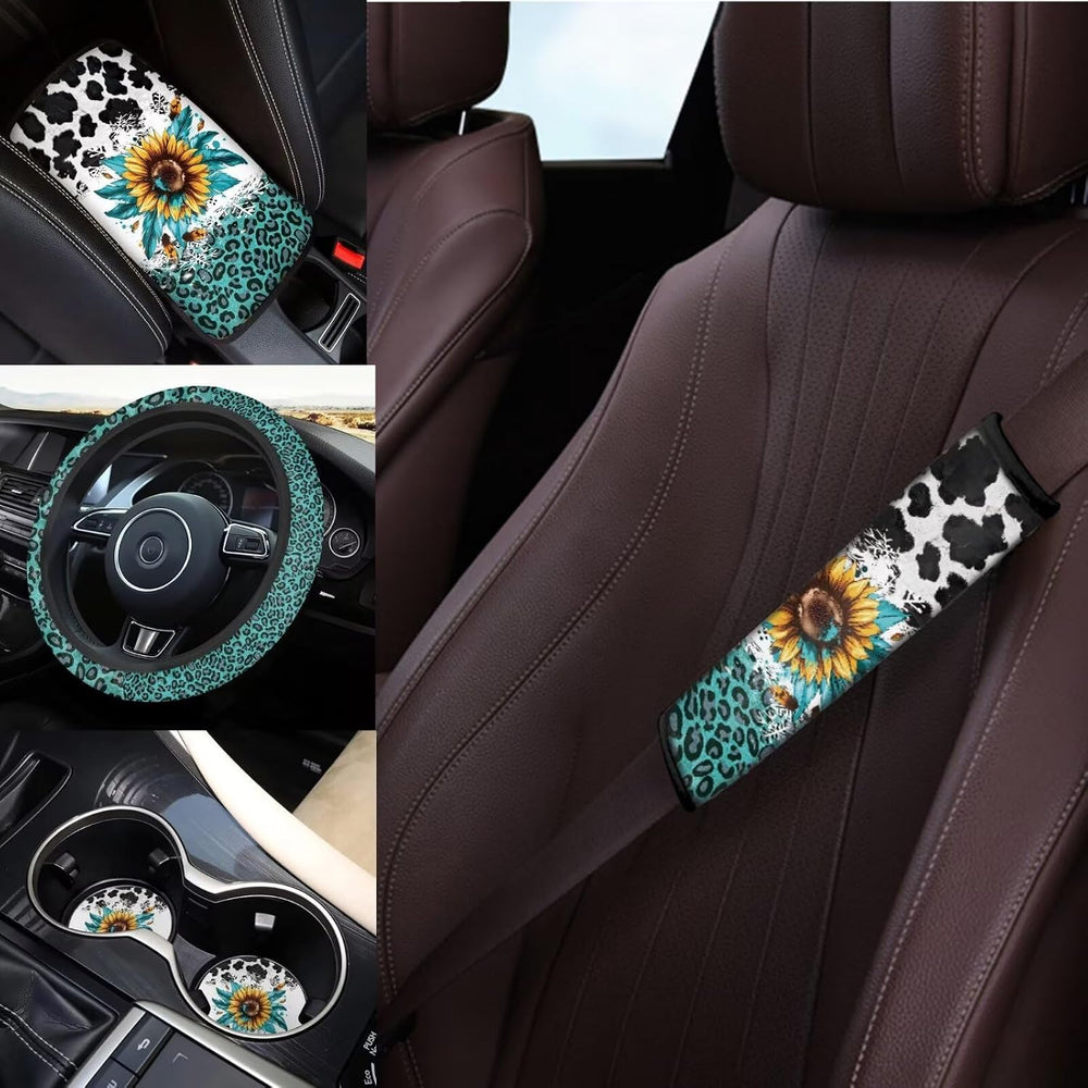 14Pcs Sunflower Cow Print Car Accessories Full Set for Women Man,Sunflower Ca...