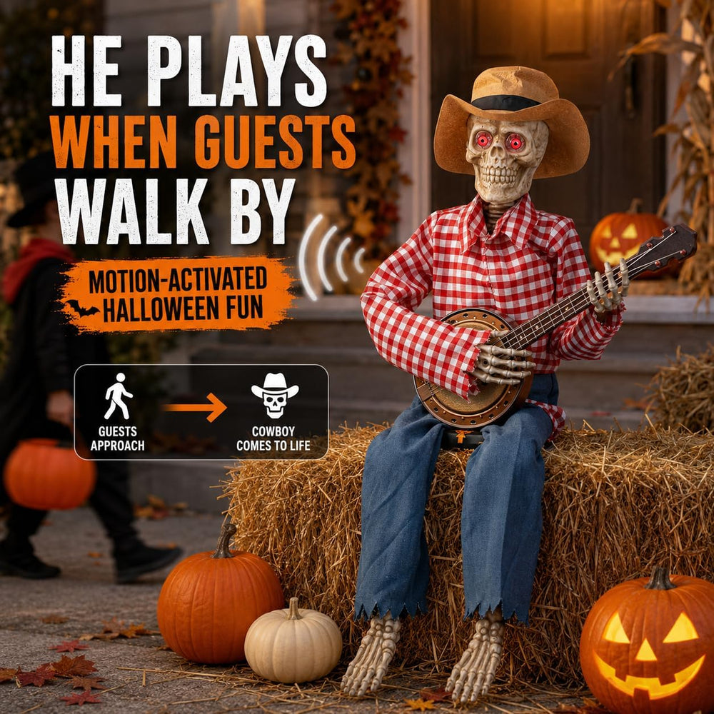 Halloween Animatronics Banjo Skeletons Decorations, Animated Skull with Sound...