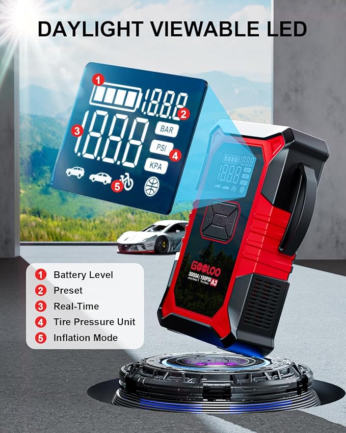GOOLOO A3 Jump Starter with Air Compressor, 3000A Portable Car Battery Booster