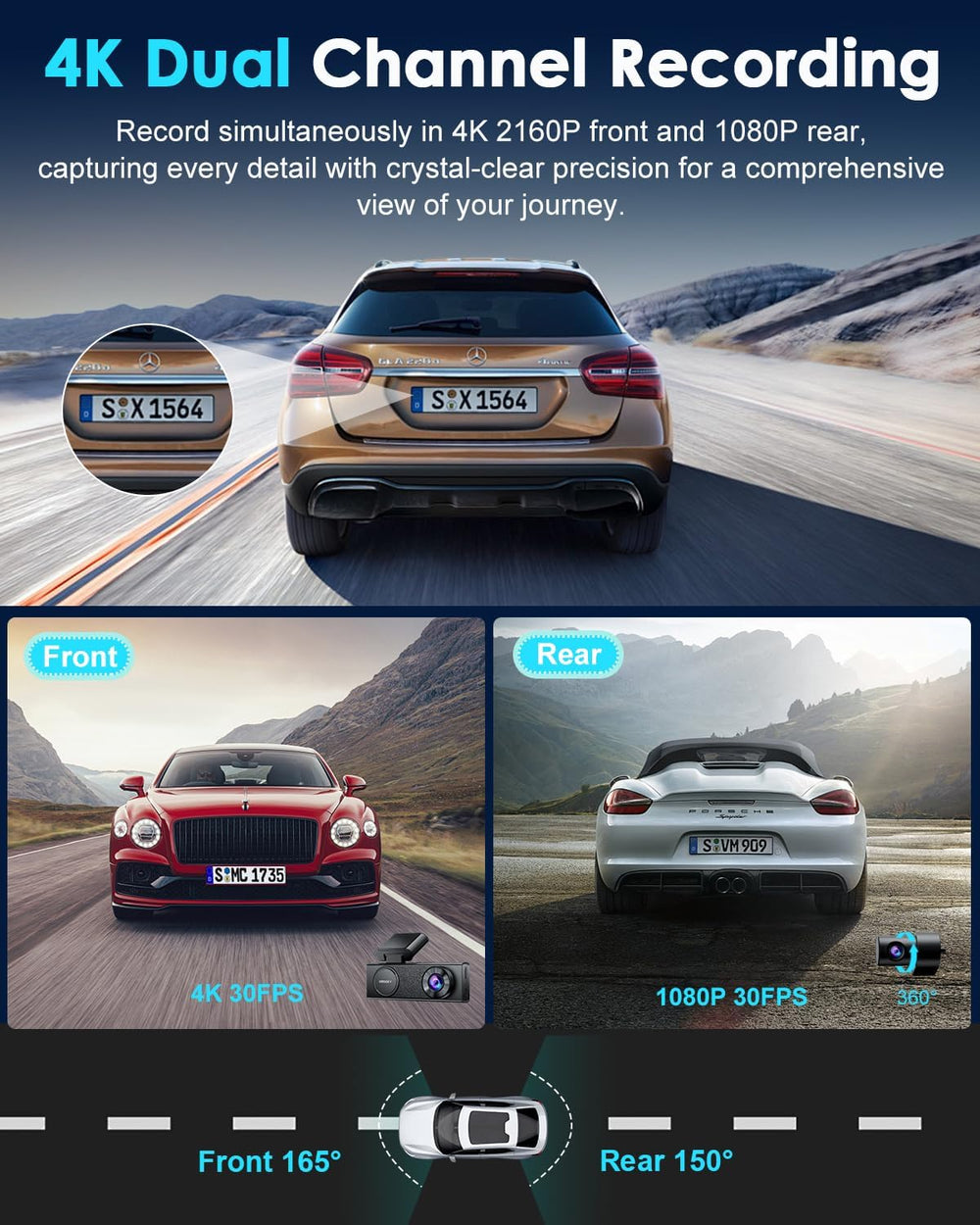 ORSKEY 4K Dash Cam Front and Rear