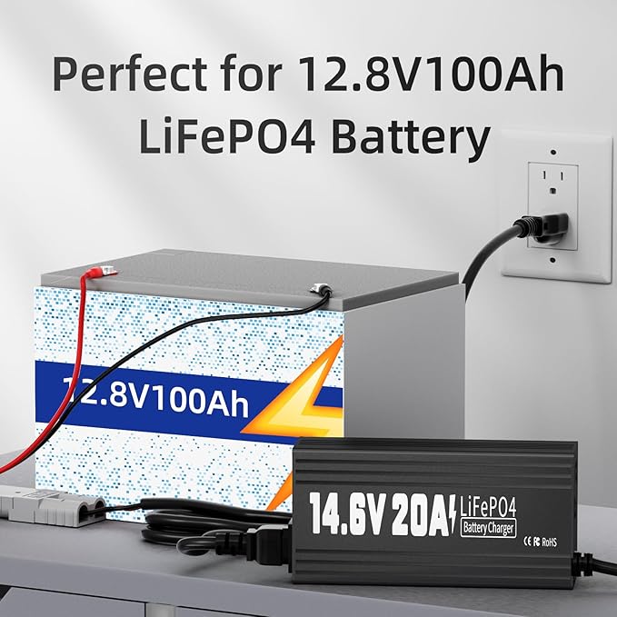 12V 20A Lithium Battery Charger, 14.6V LiFePO4 Battery Charger AC-DC Fast and