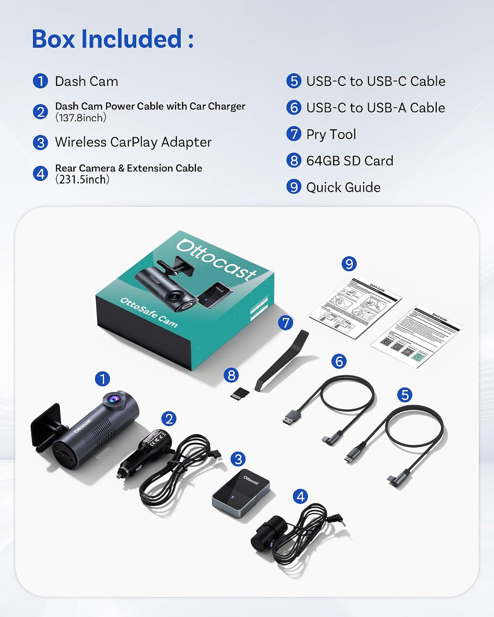 OTTOCAST Dash Camera for Cars, Wireless CarPlay, Factory Screen Playback