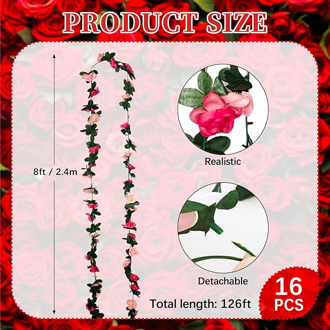 16Pcs 126Ft Pink Rose Garland, Fake Rose Hanging Flowers, Artificial Flower V...