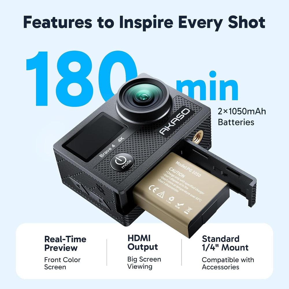 AKASO Brave 4 Action Camera 4K 30fps Ultra Hd Video 20MP Photo, EIS, WiFi, 5X...