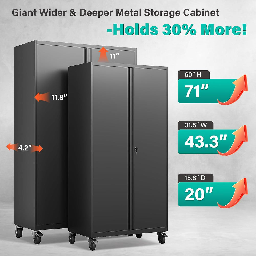 SISESOL Wide & Deep Metal Storage Cabinet with Wheels,Tall Rolling Garage...
