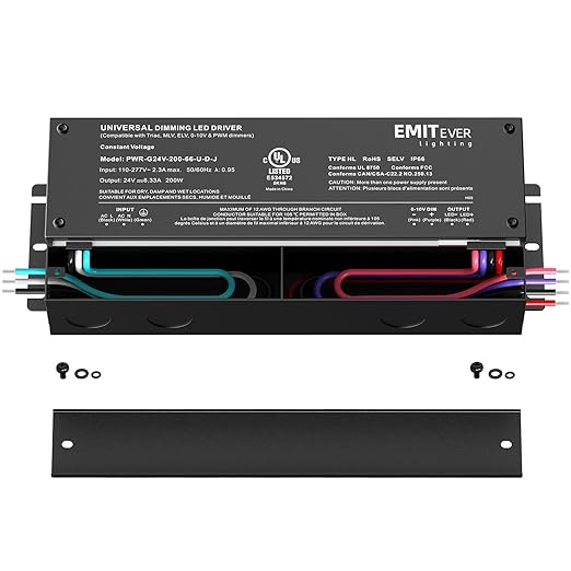 EMITEVER Dimmable Led Driver, 200W AC 110V-277V to DC 24V Transformer, 5-in-1