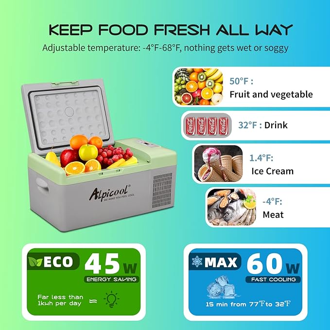 Alpicool Y16T Portable Fridge 12 Volt Car Refrigerator 16 Quart Freezer
