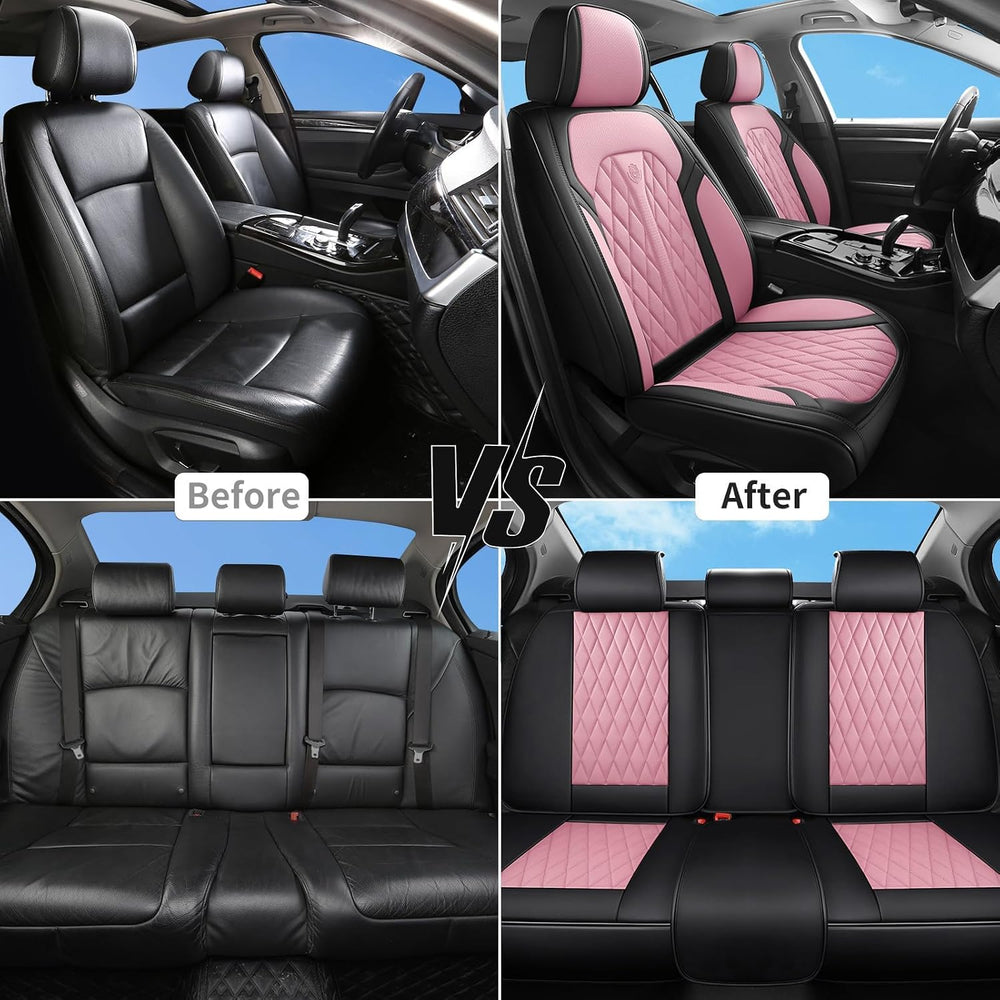 Pink Black Car Seat Covers Full Set,5 Seat Leather Seat Covers for Cars