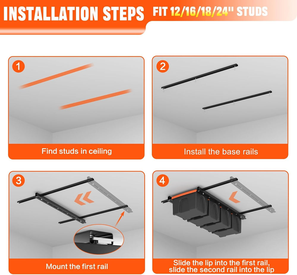 TORACK Garage Ceiling Bin Storage Rack, Overhead Tote Storage Rails System