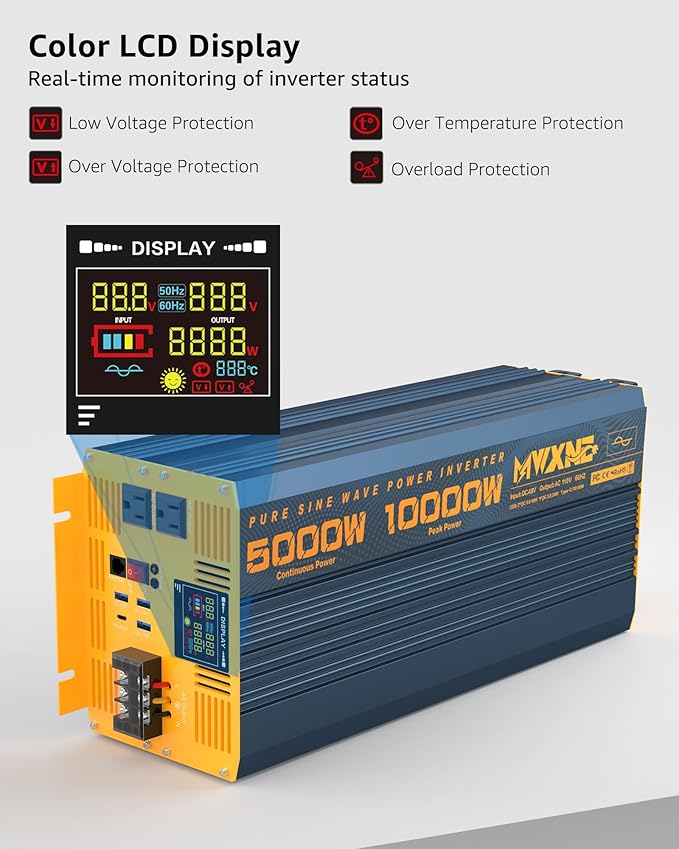 5000 Watt Power Inverter Pure Sine Wave 48V DC to 110V 120V 10000W Peak Heavy