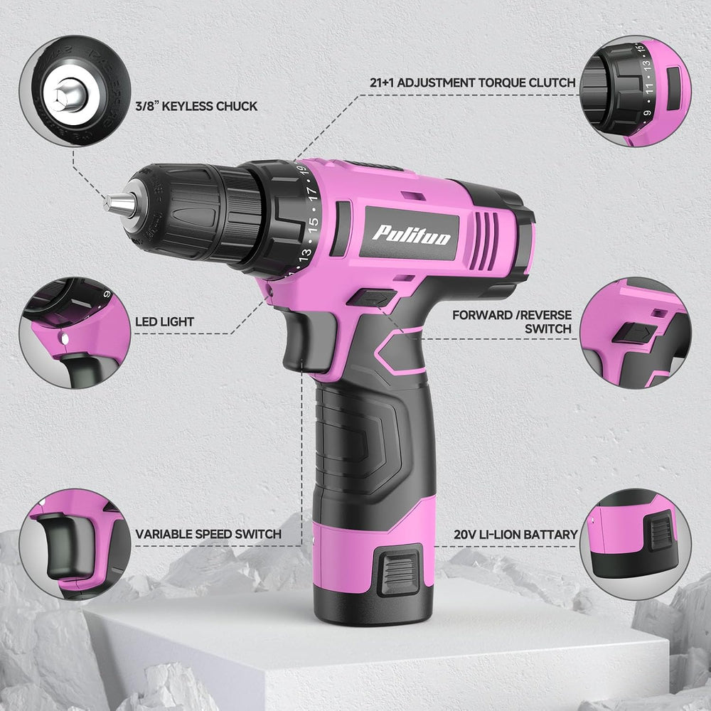 PULITUO Drill Set, 149-Piece Home Tool Set with 12V Pink Cordless Drill, Tool...
