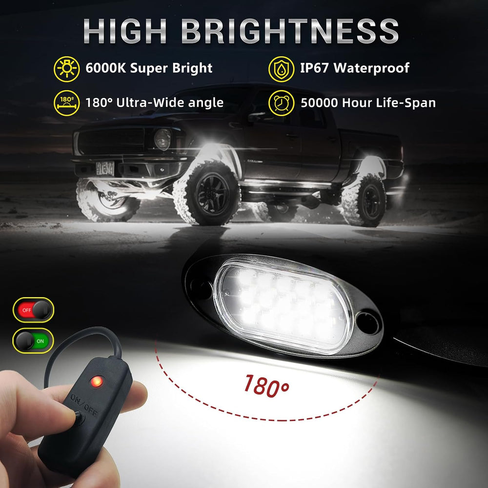 24 Pods Pure White LED Rock Lights Kit with Extension Wires, Plug and Play