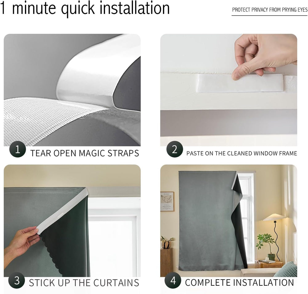 Adhesive Curtain 100% Blackout No-Drill Easy Install for Bedroom Blinds Light...