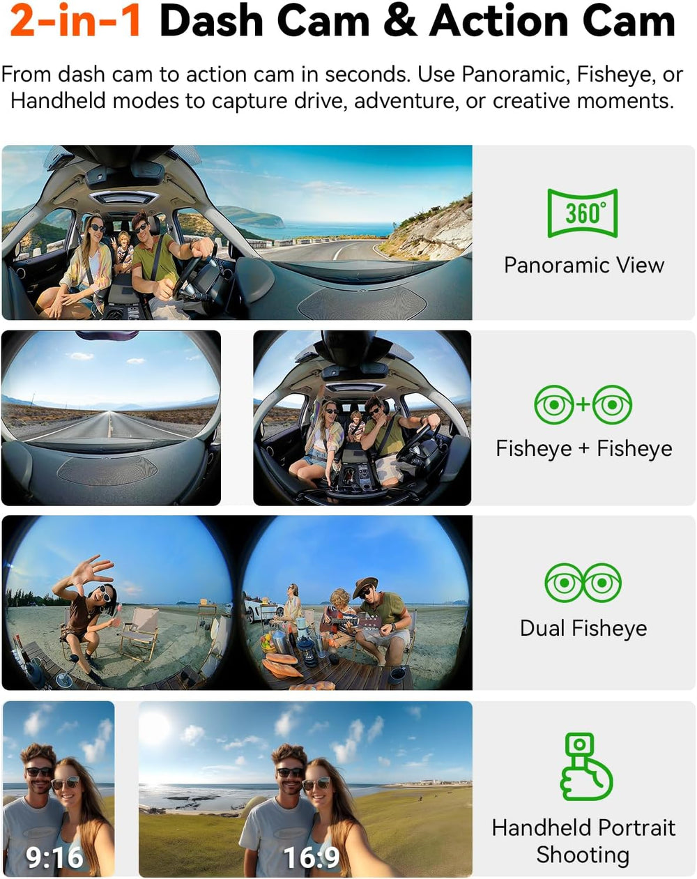 Vantrue E360 ACE All Channel Dash Cam 585° Fisheye Selfie Stick Tripod