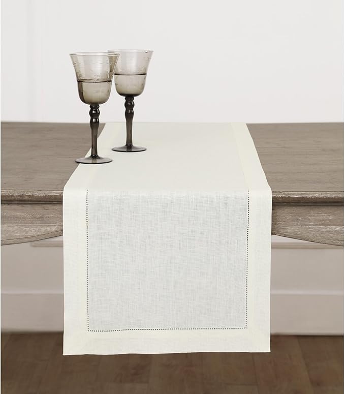 Solino Home Linen Ivory Table Runner 48 Inches - Classic Hemstitch, 100% Pure...
