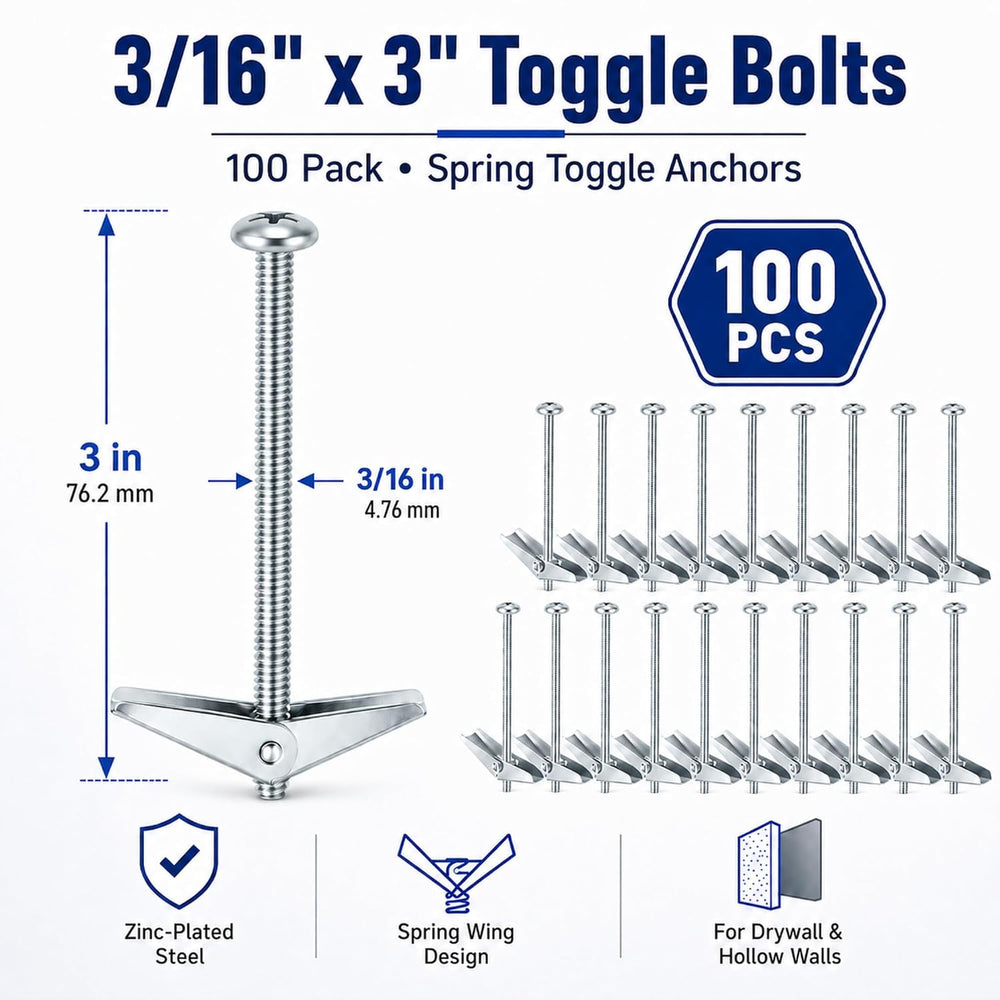 100-Pack 3/16" x 3" Toggle Bolts, Medium-Duty Spring Toggle Anchors...