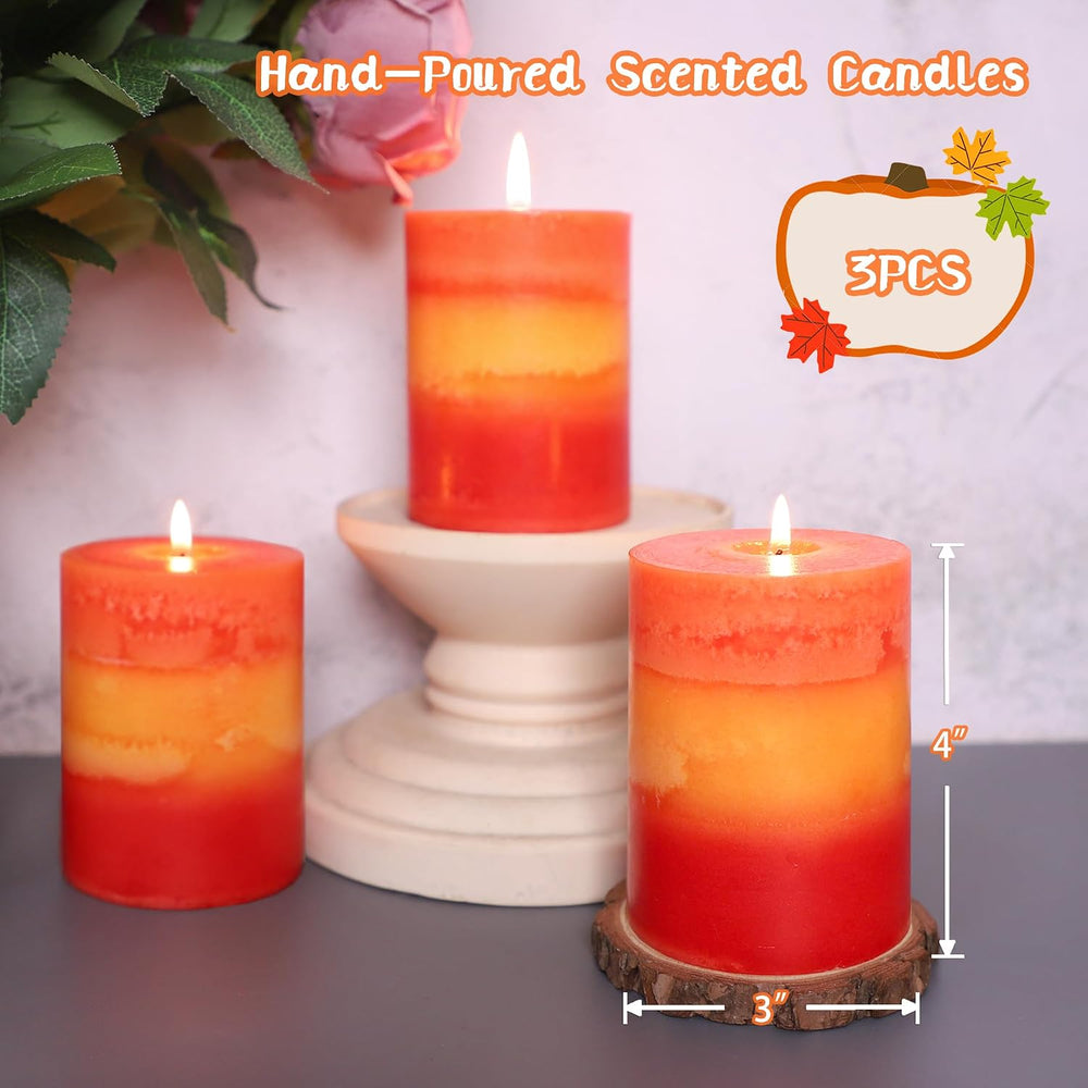 3x4 Inch Pillar Candles 3 Pack Rustic Orange Handmade Layered Clean Burning P...