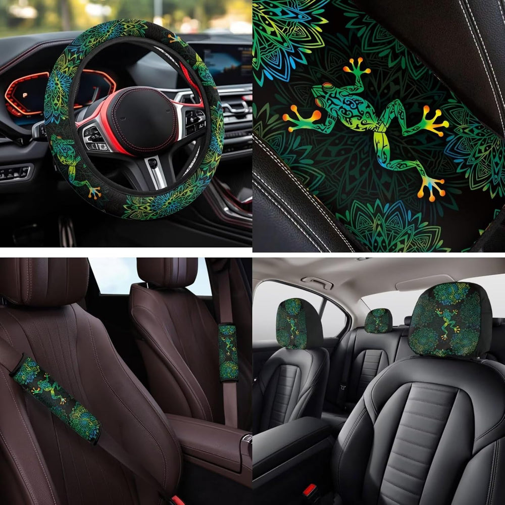 Bulopur Boho Floral Frog Vehicle Seat Covers Full Set with Matching Car Steer...