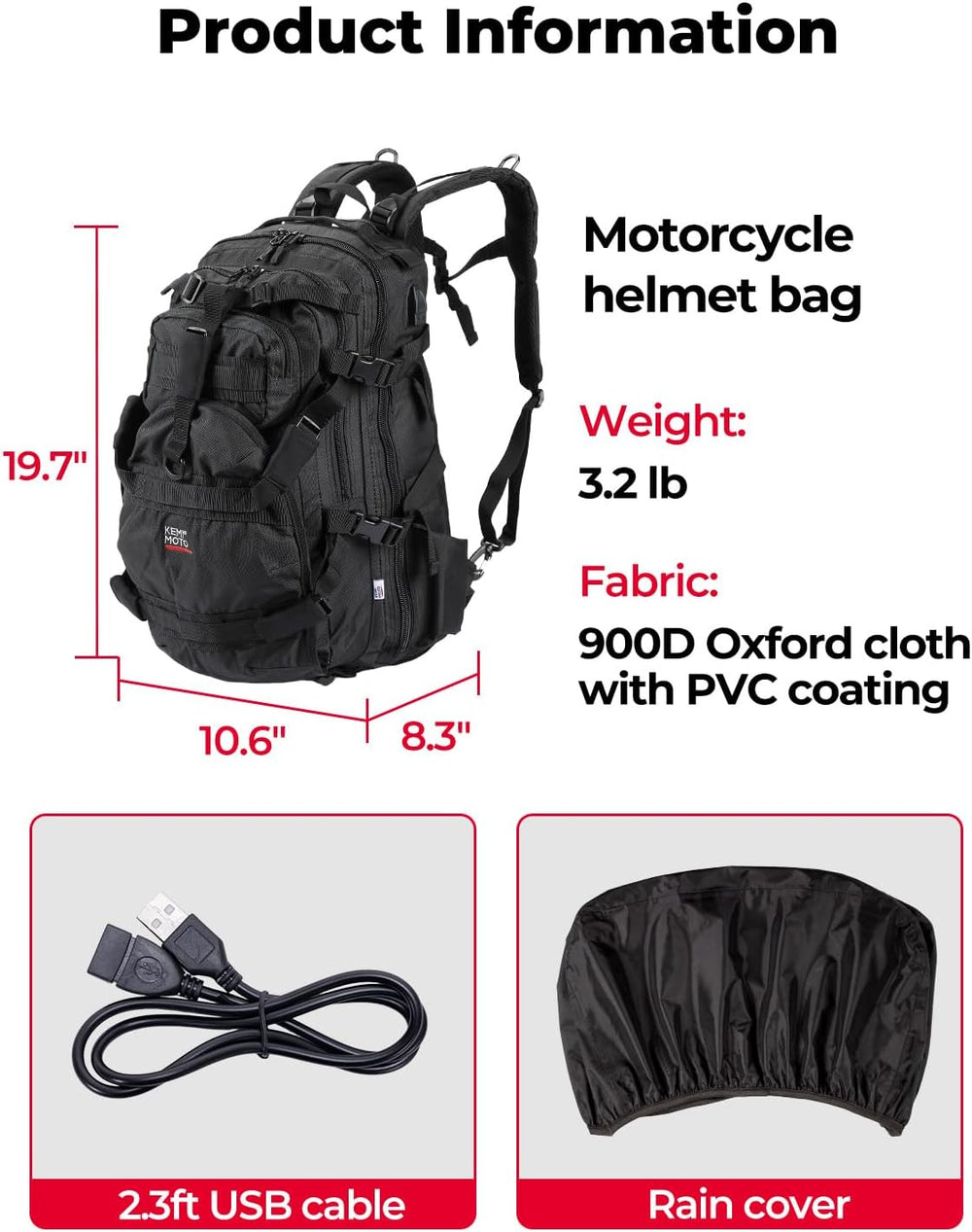 KEMIMOTO Motorcycle Helmet Backpack, 37L Large Capacity Helmet Bag with USB C...