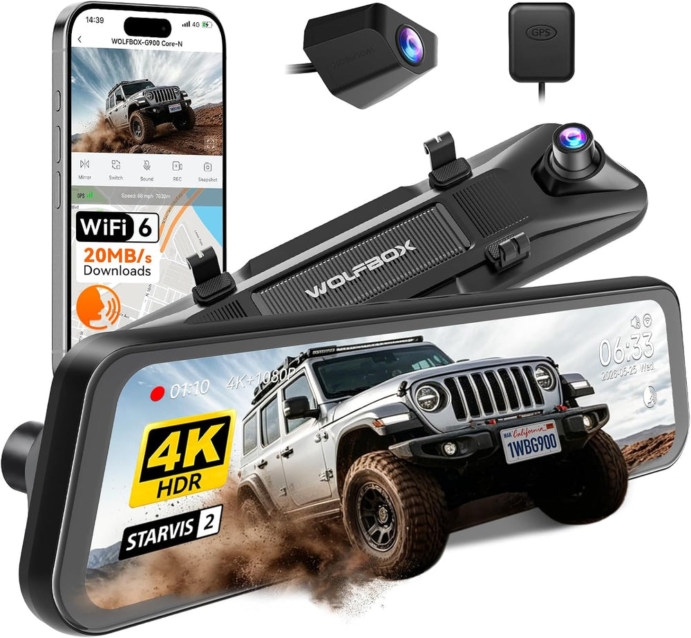 WOLFBOX G900 Core-N 12" 4K Mirror Dash Cam Front and Rear, STARVIS 2 IMX678