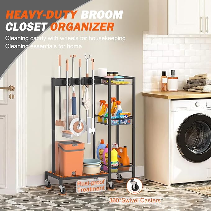 Broom Holder with Cleaning Supplies Organizer, Broom Closet Storage Cabinet