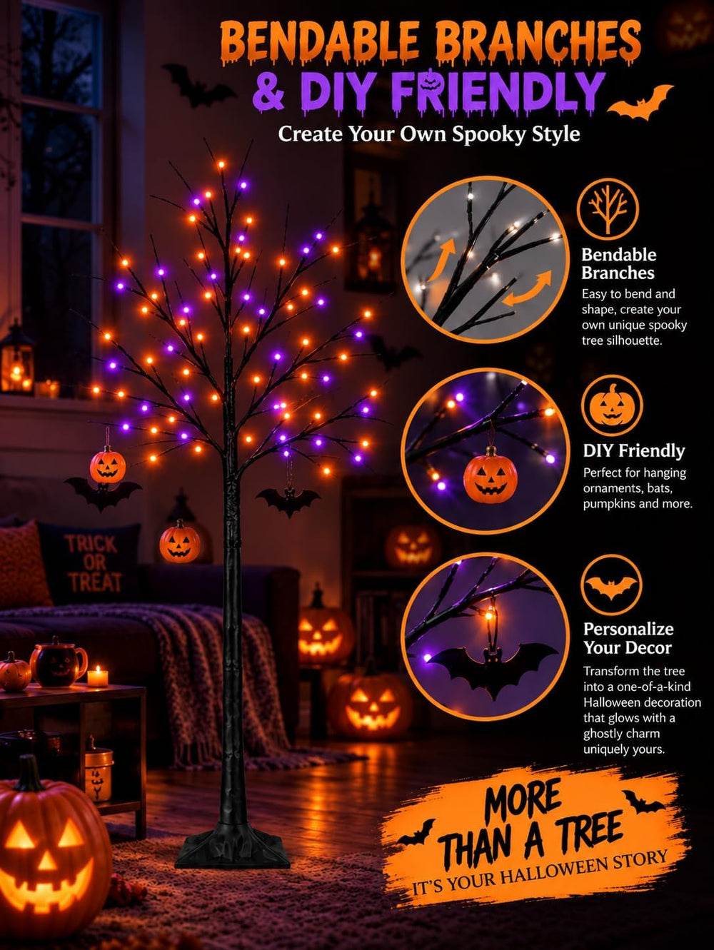Black Halloween Tree with Purple and Orange Lights, 2Pack 6FT 300LED