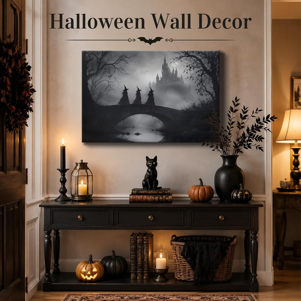 Framed Halloween Witch Canvas Wall Art, Black White Haunted Mansion Bridge Sc...