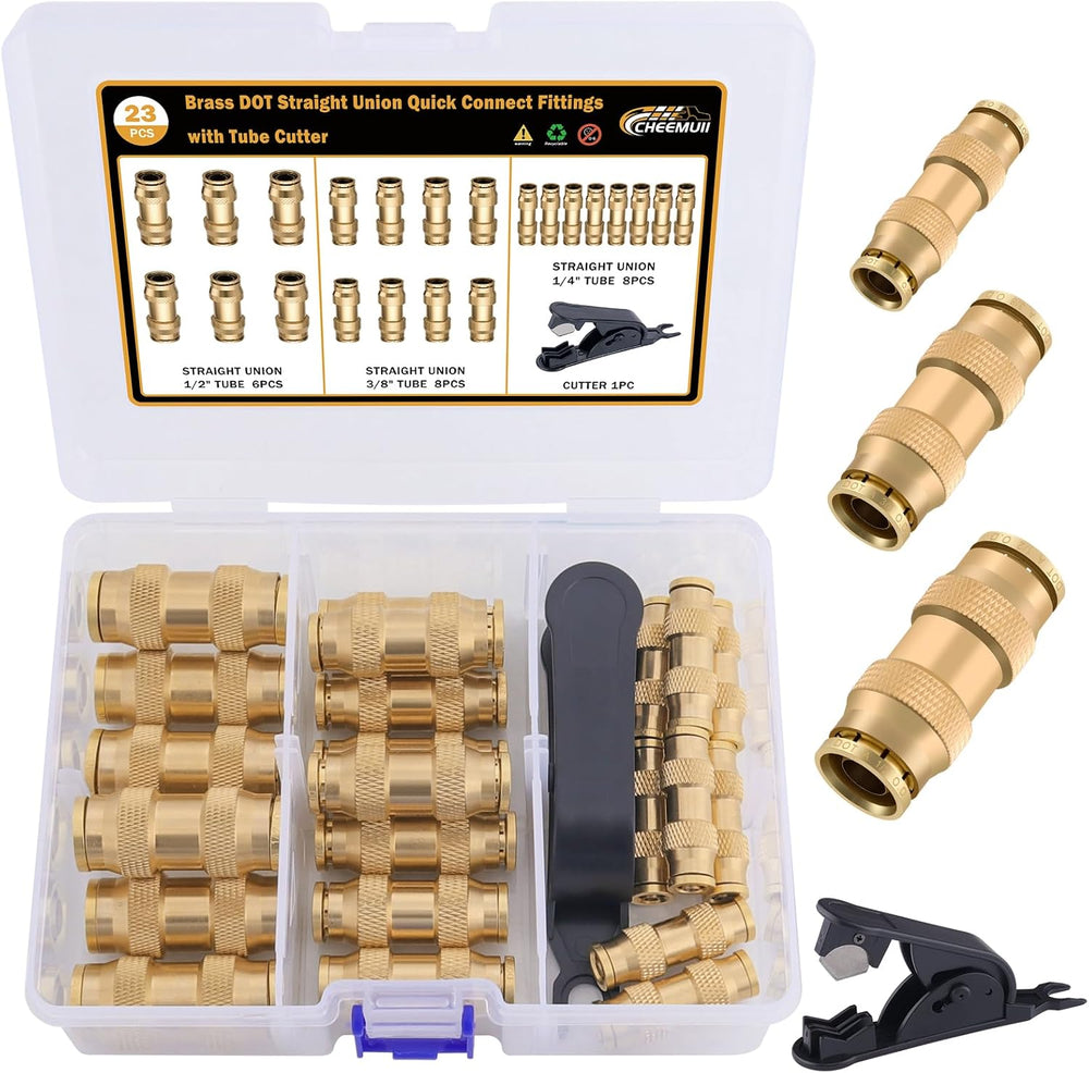 CheeMuii 23PCS Brass DOT Air Line Fittings Kit Push Lock DOT Straight Union