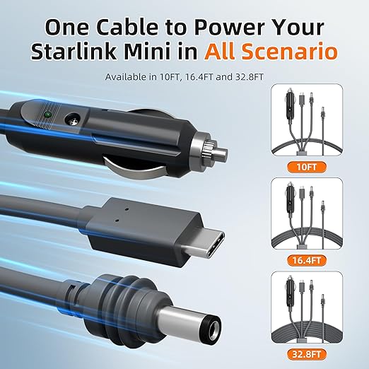 Starlink Mini 3-in-1 DC Power Cable 16FT, USB-C 12-24V Cigarette Lighter Plug...