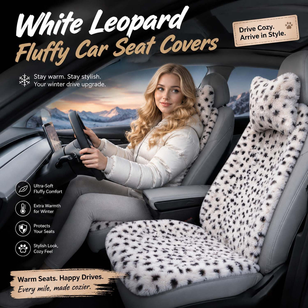 9PCS Fluffy Leopard Car Seat Covers, Anti-Slip Warm Car Seat Cushion Set