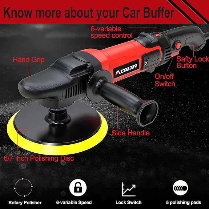 AOBEN 6/7 inch Buffer Polisher, Rotary Car Buffer, 1600W Car Polisher Waxer Kit