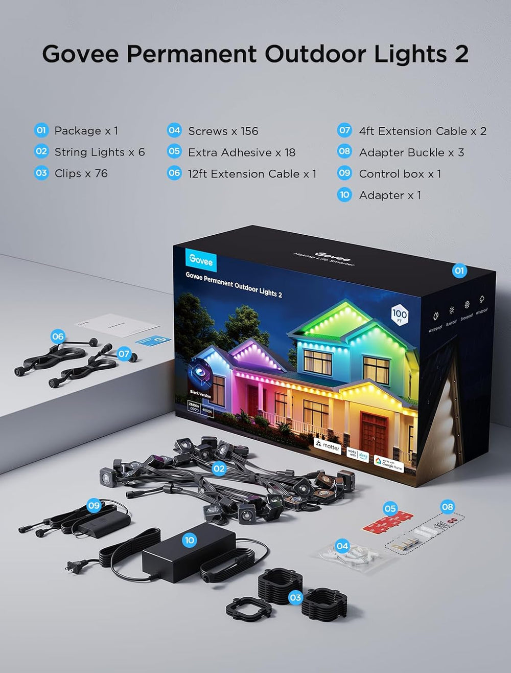 Govee Permanent Outdoor Lights 2, 100ft RGBIC Outdoor Lights with 100 Modes