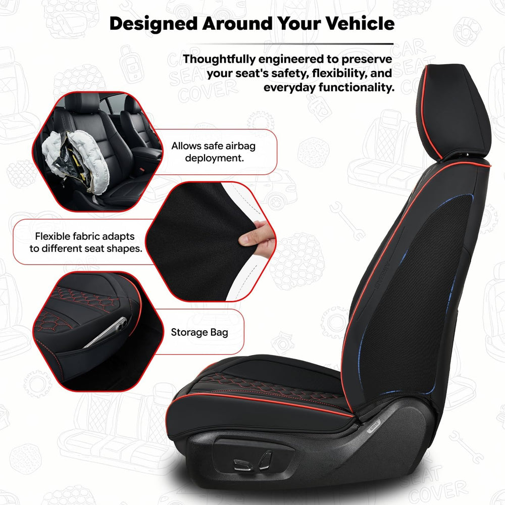 Black and Red Leather Car Seat Cover Set, with Lumbar Support