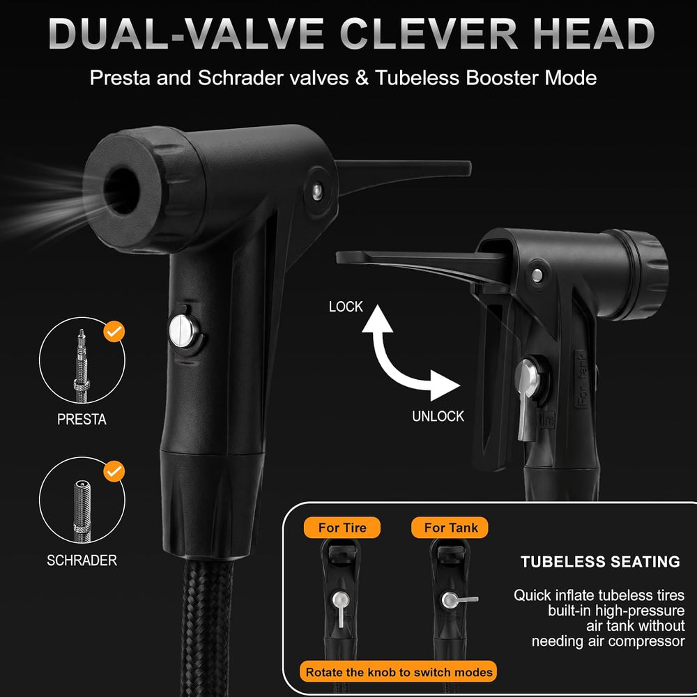 Hycline Tubeless Booster Bike Floor Pump: 200 PSI Digital Gauge Air Tank
