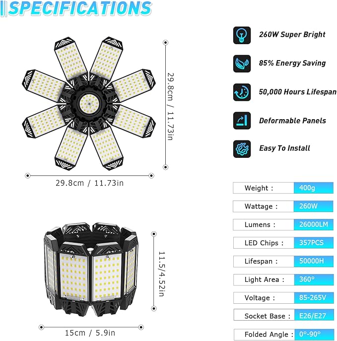 ISKYDRAW LED Garage Lights, 4 Pack Garage Lighting 260W 26000LM Bright Shop