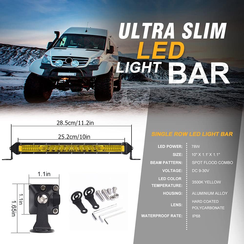 SAMMAN 10Inch LED Light Bar 78W Yellow Spot Flood Combo Beam Driving Off Road...