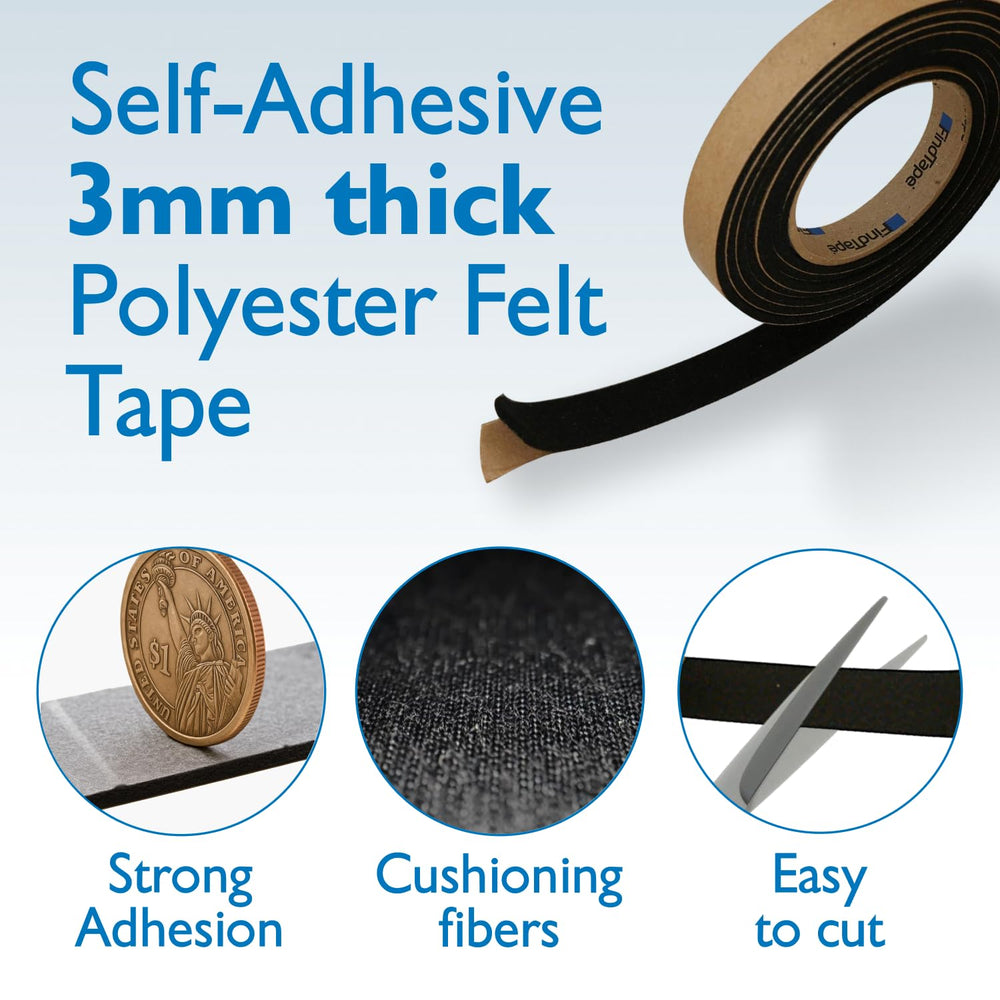 FindTape Polyester 3mm Felt Tape – 2 in. x 50 ft. Felt Strips with Adhesive B...