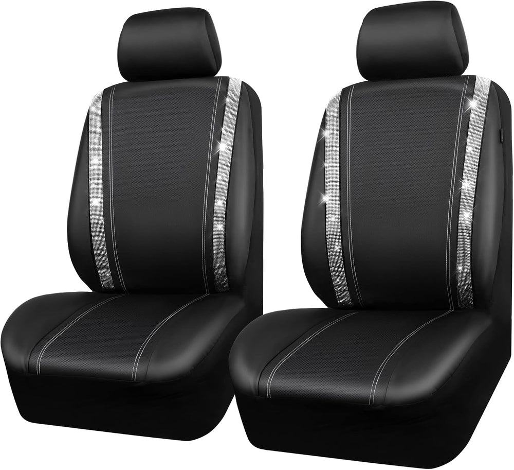 CAR PASS Leather Bling Diamond Car Seat Cover 2 Front Interior Sets, Waterpro...