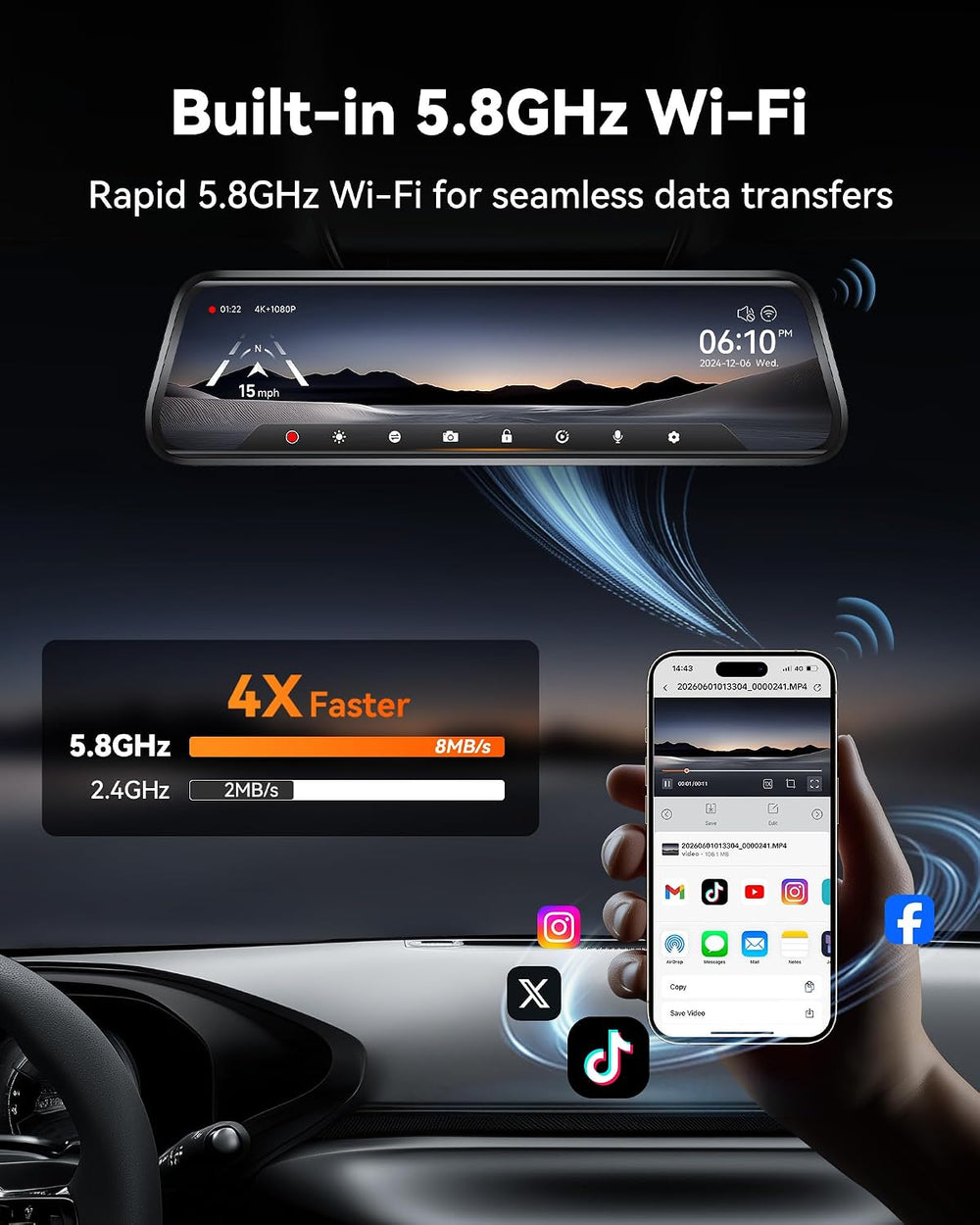 WOLFBOX G930 10'' 4K Rear View Mirror Camera with 64GB Card,5.8GHz WiFi