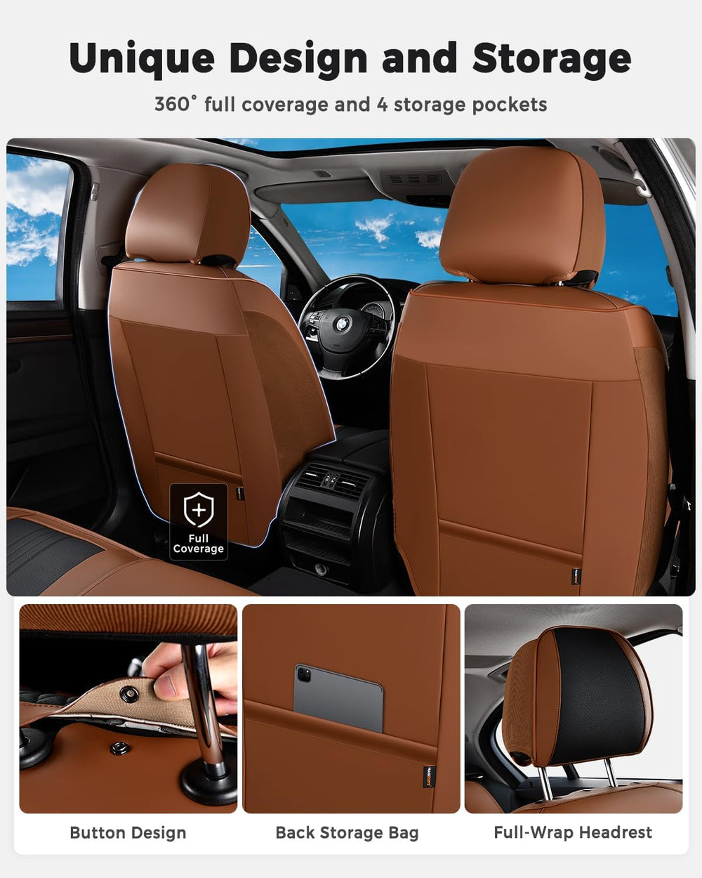 Huidasource Car Seat Covers Full Set, Luxury Faux Leather Seat Covers, Velcro...