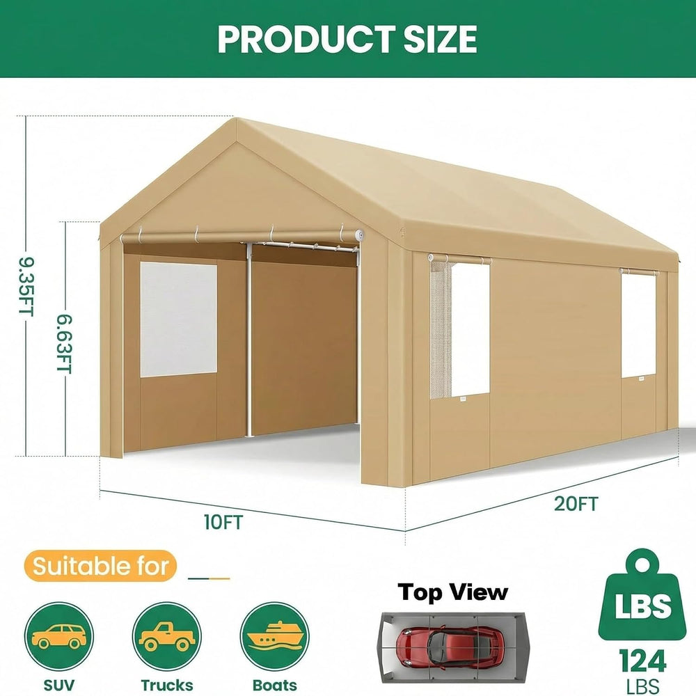 10x20 FT Heavy Duty Carport with Galvanized Frame & Sandbags, Khaki