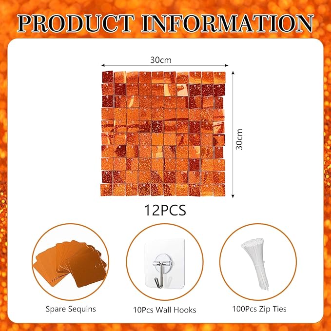 12PCS Orange Shimmer Wall Backdrop, Laser Square Sequin Photo Backdrops Panel...